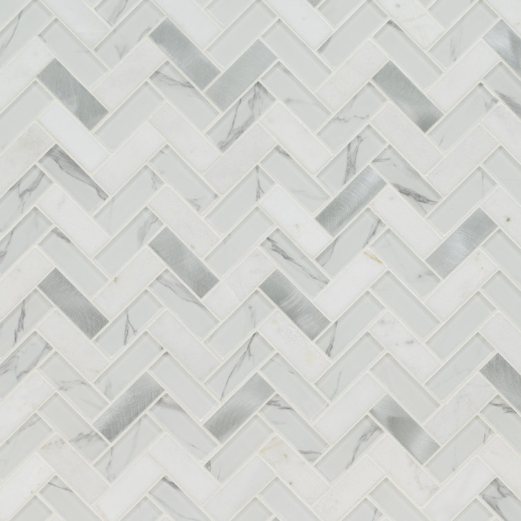 MSI Bytle Bianco Herringbone 12" x 12" Stone/Glass/Metal Mosaic Sheet ...